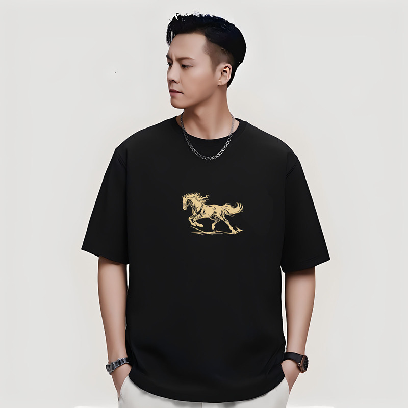 2026 Summer New National Trend Black Short-Sleeve T-Shirt for Men with Year of the Horse Print, Loose Fit, Heavyweight Pure Cotton Versatile Top