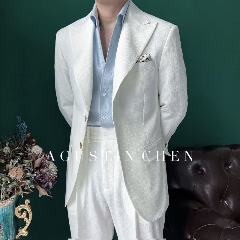 Early Autumn Elegant Light Luxury Naples Half-Lined Seersucker Suit Men's British Fashion Casual Blazer Trendy Early Autumn Elegant Light Luxury Naples Half-Lined Seersucker Suit Men's British Fashion Casual Blazer Trendy