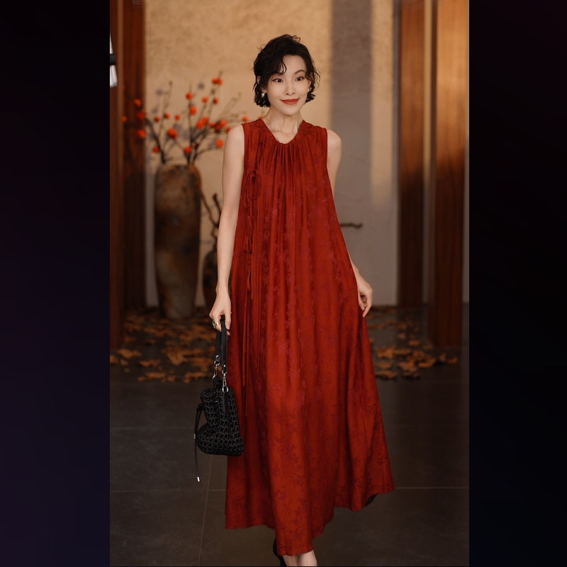 【Xiwen Premium Selection】'Palace Wall Red Dress' Round Neck Asymmetrical Tassel Tie Sleeveless Dress 255777