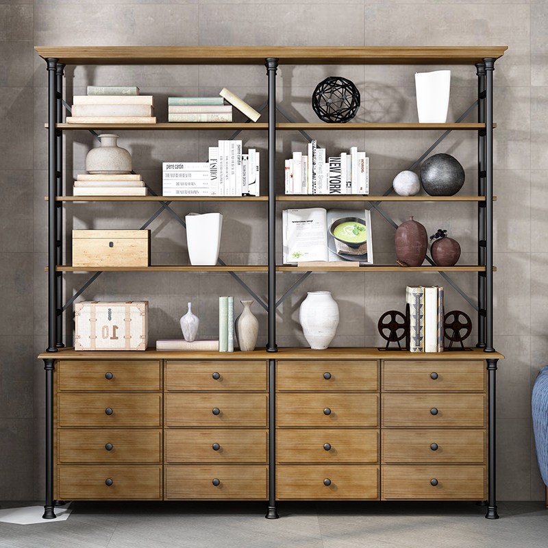 American Industrial Wind Shelf Living Room Floor Bookshelf Iron Art Solid Wood Decorative Cabinet Shelf Creative Bookcase