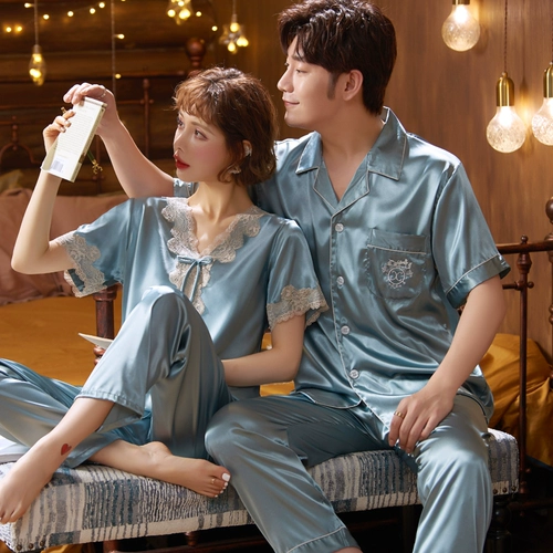 Летняя шелковая пижама для влюбленных, кружевные штаны, домашняя одежда, короткий рукав, простой и элегантный дизайн, в корейском стиле