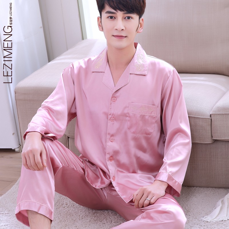 khe cắm bộ đồ ngủ Mens Xuân Thu Silk Long Sleeve hai mảnh bộ Hàn Quốc phiên bản lụa băng mỏng trẻ cộng với sân nhà quần áo.