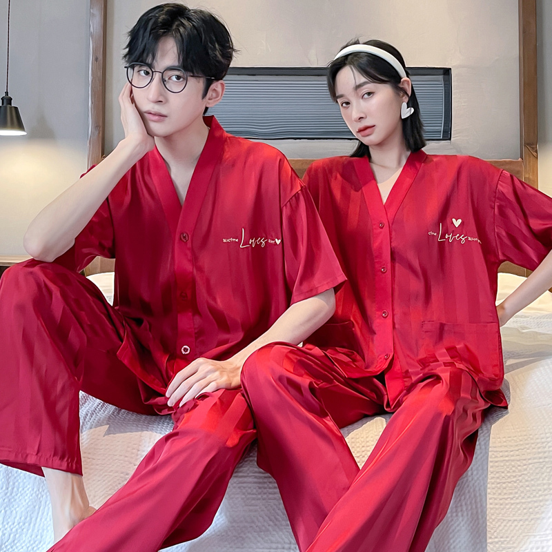 Couple Pajamas Summer Ice Silk Short-Sleeved Long Pants Thin Style Women Bride High-End Red Wedding Newlywed Men's Set