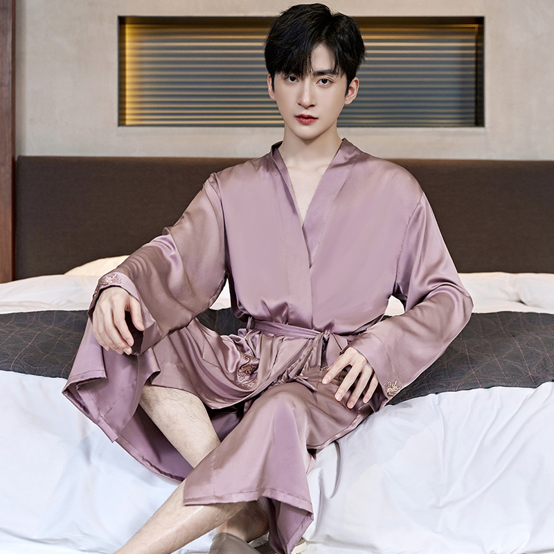 Spring and Autumn Men's Silk Ice Silk Robe, Thin Long-Sleeved Spring and Autumn Style, Imitation Silk Men's Robe, Pajamas, Bathrobe