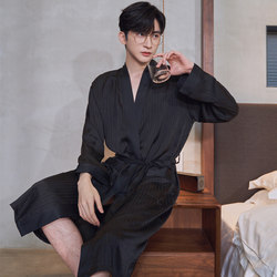 New Nightgown Men's Ice Silk Spring Autumn and Summer Long Sleeve Thin Pajamas Silk Mid-Length Bathrobe Bathrobe