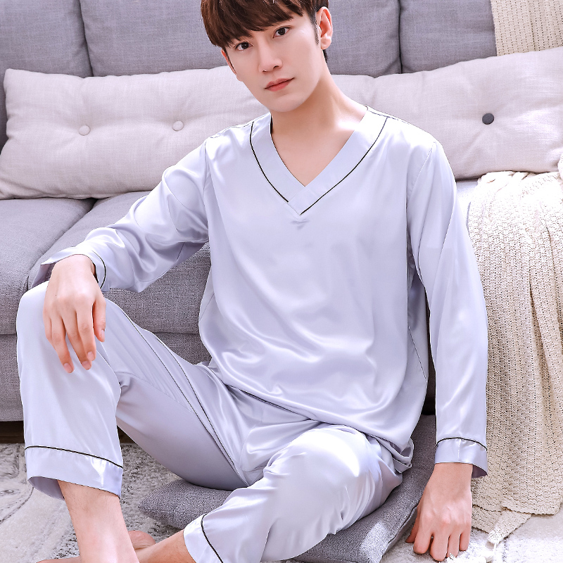 khe cắm bộ đồ ngủ Mens Xuân Thu Silk Long Sleeve hai mảnh bộ Hàn Quốc phiên bản lụa băng mỏng trẻ cộng với sân nhà quần áo.