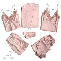 2022 New Sleepwear Women Spring Autumn Sexy Ice Silk Summer Harness Slim silk with chest cushion sleeping skirt Five pieces of suit