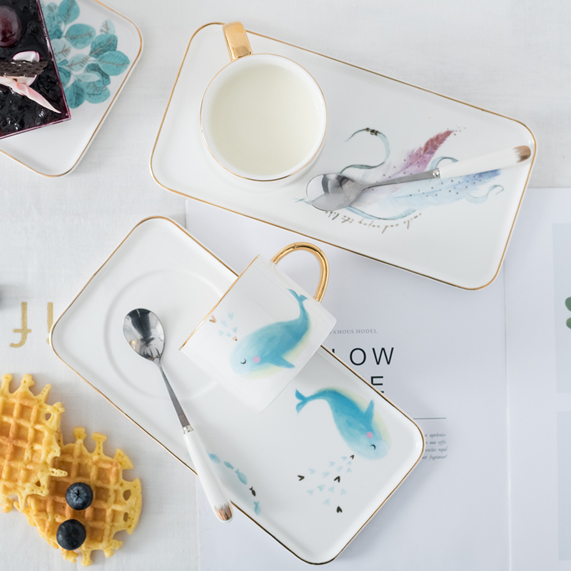 Nordic Minimalist Ceramic Coffee Cup Set European Creative Afternoon Tea Milk Cup Mug with Snack Plate and Spoon