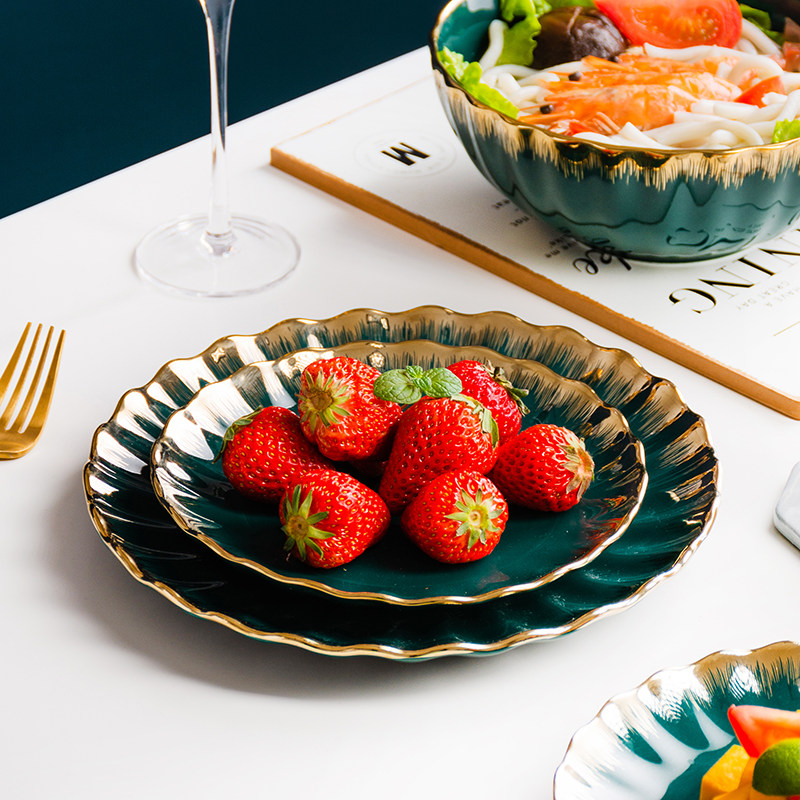 European-style creative Western-style dishes, dishes, shallow dishes, wavy green glaze series, ceramic tableware sets, noodle bowls, soup bowls, salad bowls