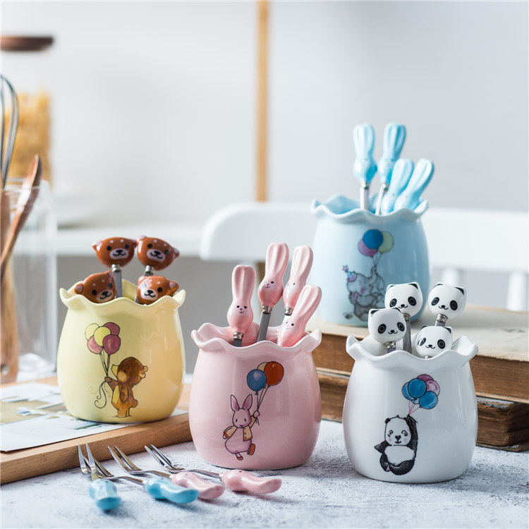 Creative Household Animal Fruit Fork Ceramic Stainless Steel Cute Small Fork Snack Fork Dessert Fork Set