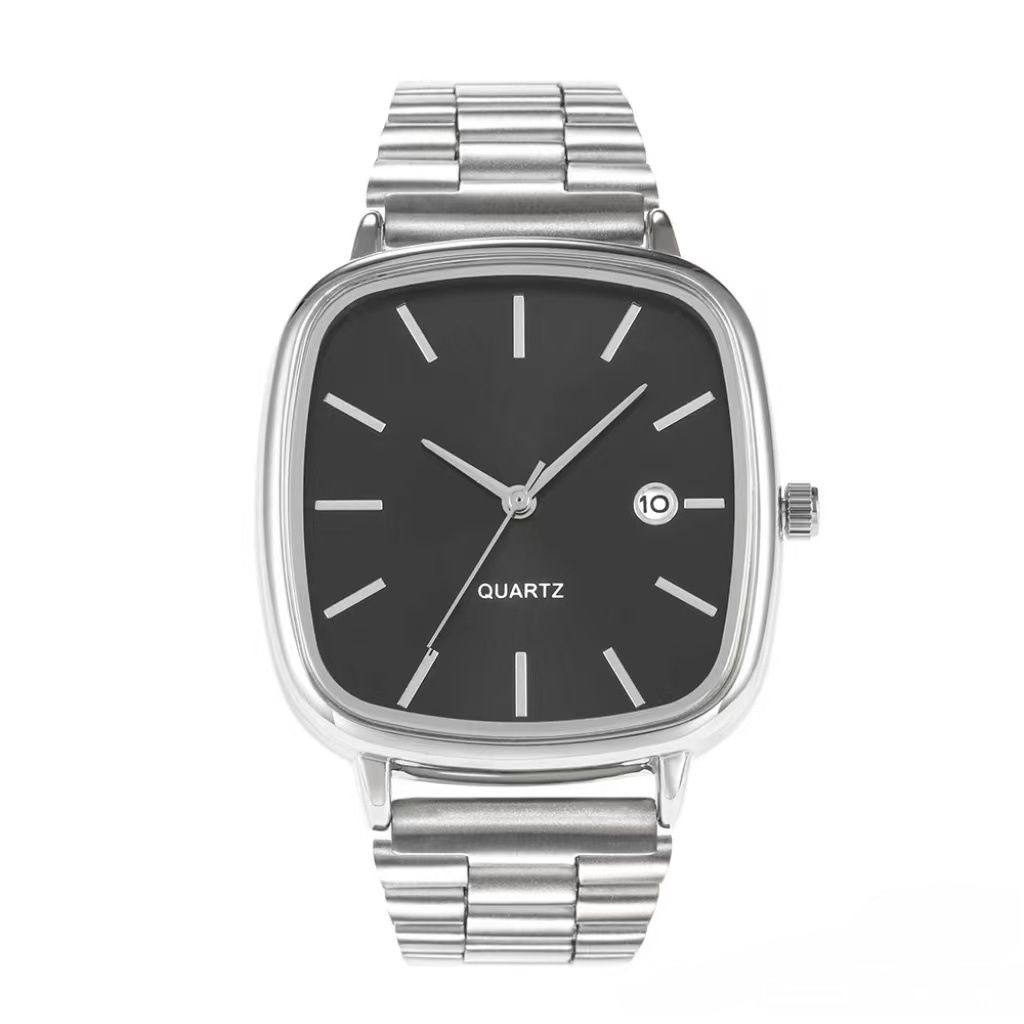 1Pcs Unbranded Neutral Couple Watch with Strap, Vintage Silver Small Square Watch with Calendar, Unisex Commuter Wristwatch, Black
