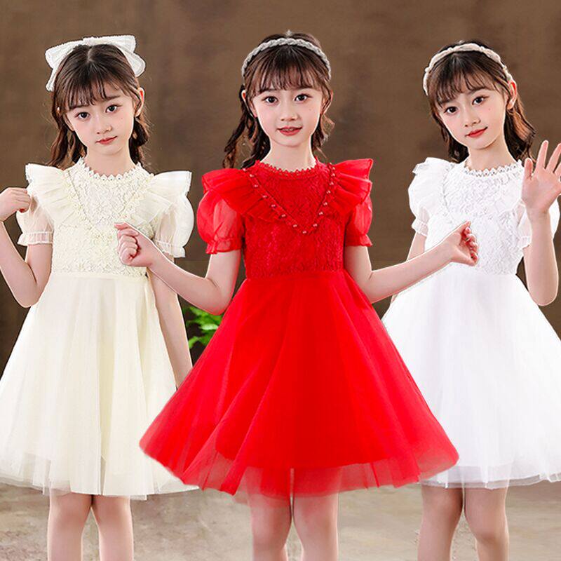 3 Girls Spring Summer Dress Lace Princess Dresses 5 Children 7 Foreign Pie Dress Fluffy Yarn 9 Big Red Ocean Dress 10