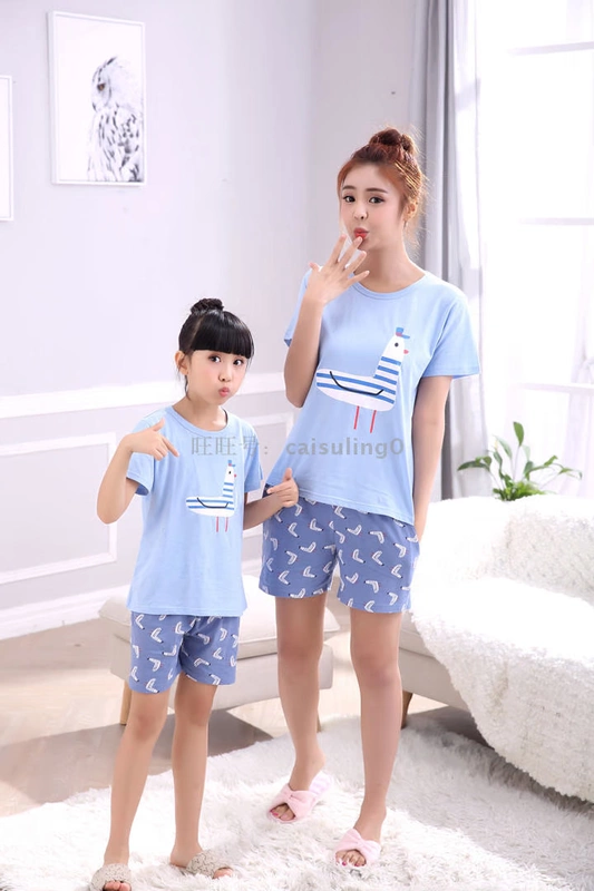 Mùa hè mới cha mẹ trẻ con cotton đồ ngủ ngắn tay hoạt hình nam nữ dễ thương