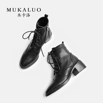  Wooden Carlo Martin boots womens British style autumn and winter new wild middle heel plus velvet retro thick heel leather lace-up booties