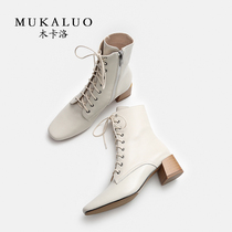  Wooden Carlo lace-up booties womens British autumn and winter thick-heeled white ankle boots short tube plus velvet square head high-heeled Martin boots