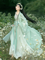 Hanfu womens original Chinese style daily spring and autumn super fairy green double-layer large-sleeved shirt waist waist skirt skirt full set of ancient costumes