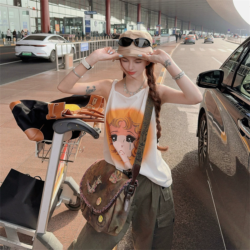 Cute Girl Cartoon Style Printed Twist-Strap Tank Top for Women, Summer Niche Pure Desire Design Sleeveless Top Trendy