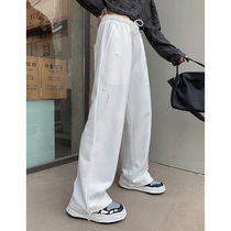 How to foam American vintage black pants women 2021 New Fashion sports wide leg pants women hole casual pants tide