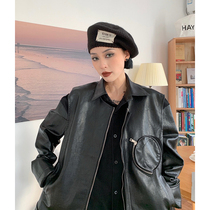 Port Wind Suit Woman Retro Chic Leather Coat Jacket Woman 2021 New pu Ma A pu sleeve shirt two-piece set