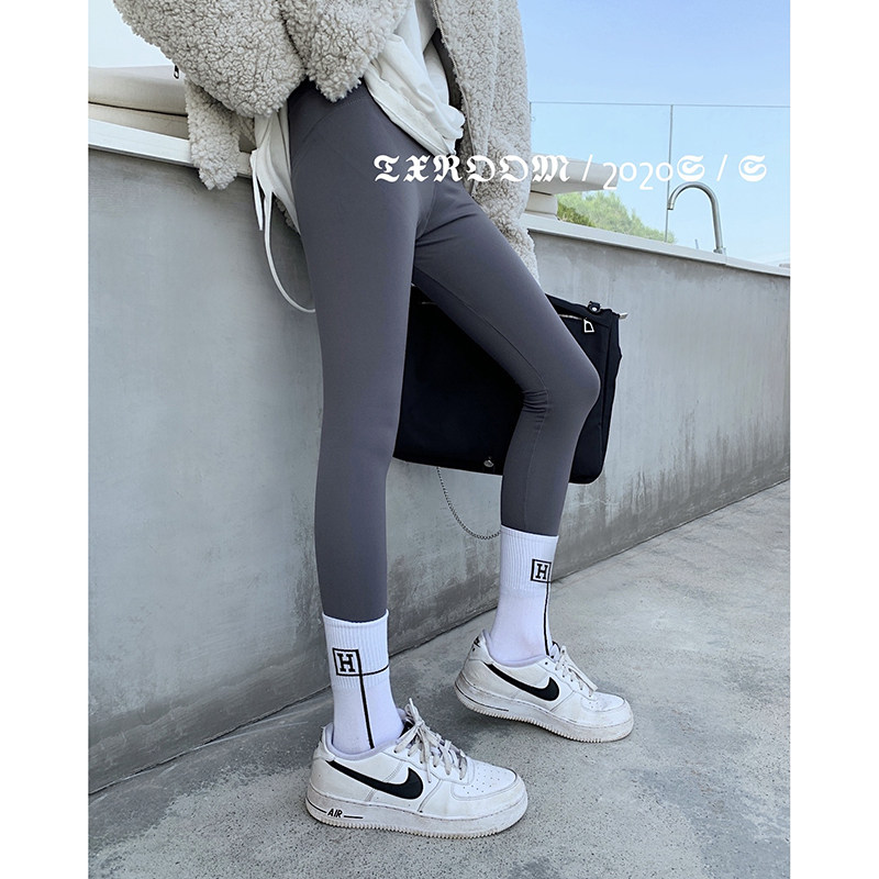 He Yimo Gray Tight Leggings Women's Winter Thick Section High Waist Look Thin Plus Velvet Sports Pants Elastic Shark Pants Trendy