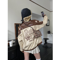 He Yimo American retro motorcycle leather jacket womens 2023 early spring new loose embroidery lapel jacket