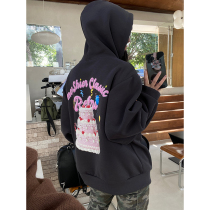 He Yimo American retro fun cake print hooded sweater womens 2023 early spring new loose couple tops