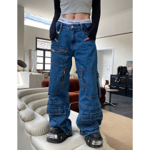 He Yimo American retro multi-pocket motorcycle jeans womens 2023 early spring new hip-hop loose straight trousers