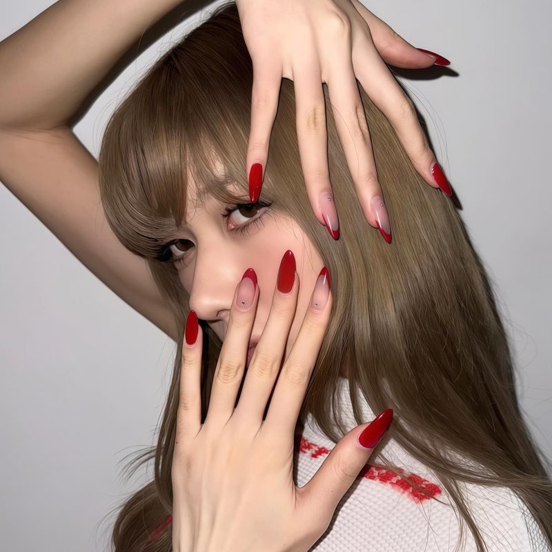 Lisa's Same Style Red French High-End Handmade Press-On Nails with a New Year's Vibe, European and American Style Long Almond Nail Stickers