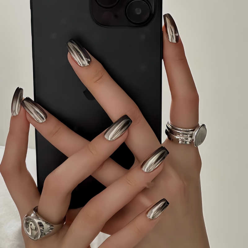 Hailey's Same Style Handmade Nail Patches, Metallic Black Gradient Silver Nail Art, Finished Product, Long-Lasting, Waterproof, Removable Wedding Nails Hailey's Same Style Handmade Nail Patches, Metallic Black Gradient Silver Nail Art, Finished Product, Long-Lasting, Waterproof, Removable Wedding Nails