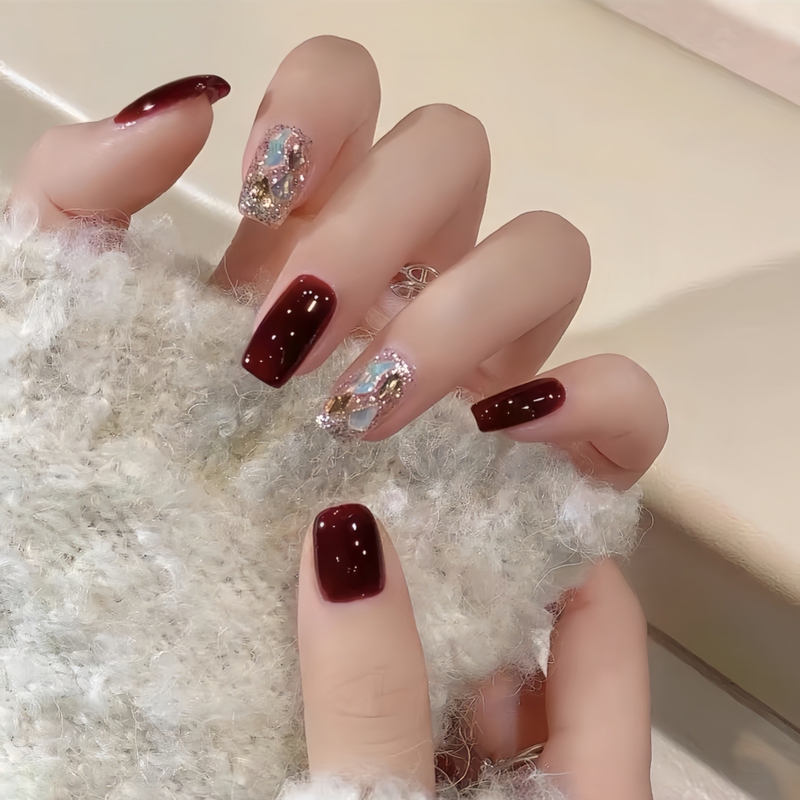 Purely Handmade Wearable Nails, Burgundy Champagne Diamond Nail Stickers, Whitening Nail Art Patches, Pure Lust Style, Cute and High-End