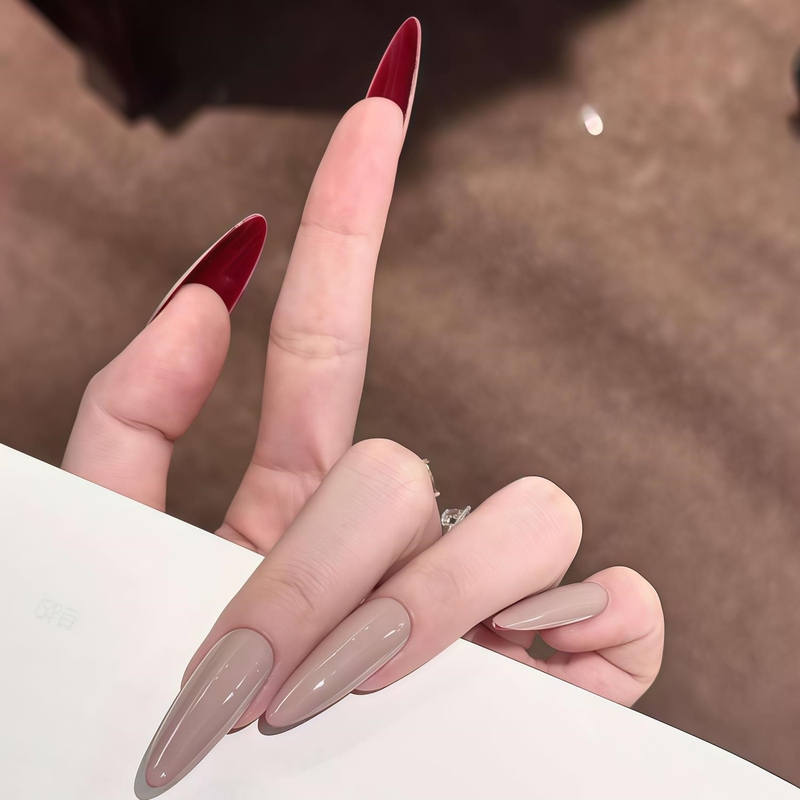 2026 Autumn/Winter Hot-Selling Special Edition Red Base Nail Art Stickers, Whitening and High-End Feel, Long Almond Trapezoid Handmade Wearable Nails