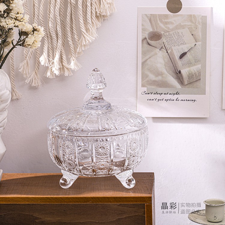European-style three-legged glass storage jar candy jar pan sugar jar with lid jewelry box transparent dried fruit jar cosmetic storage