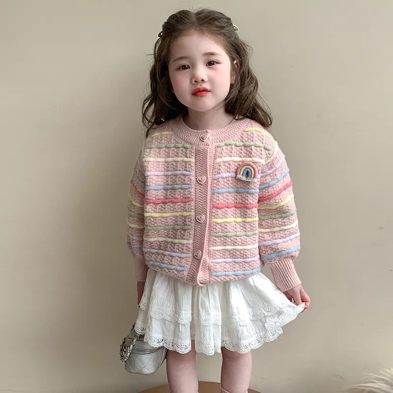Girls' Knitted Cardigan 2025 Spring Style Baby Rainbow Striped Sweater Jacket Spring and Autumn Little Girl Casual Top