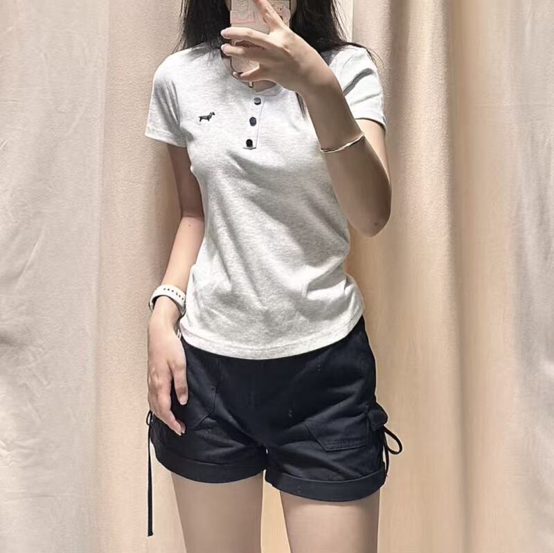 Wm.Mengment Spring and Summer New Three-Button Gray Puppy Embroidery Short-Sleeve T-Shirt for Women, Wm Slimming Versatile Top