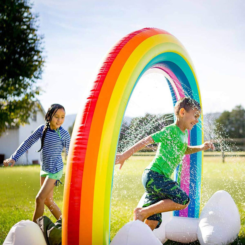 Inflatable water spray watercolor rainbow clouds PVC inflatable rainbow bridge water spray arch toy grass water play children's game door