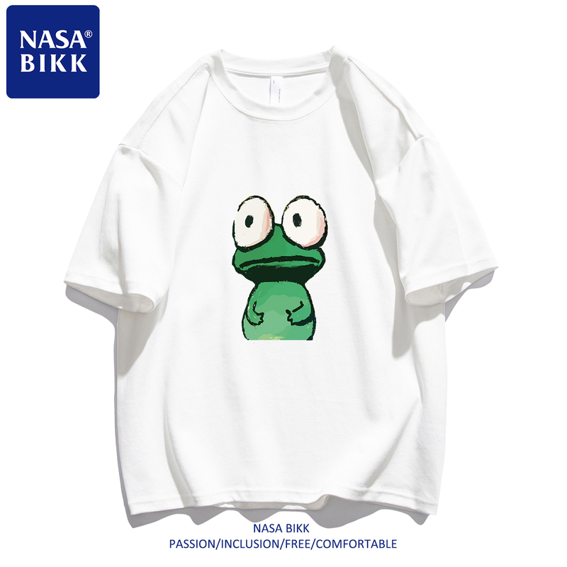 【Big Eyed Frog】Nasa Heavy-Duty Pure Cotton Short-Sleeve T-Shirt for Men, Summer Round Neck, Loose Fit, American Style Trendy Brand Print, Couple Wear