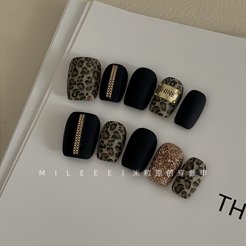 [Mileee Rice Grain] Black Leopard Print Original Design Handmade Wearable Nails Niche High-End Short Manicure