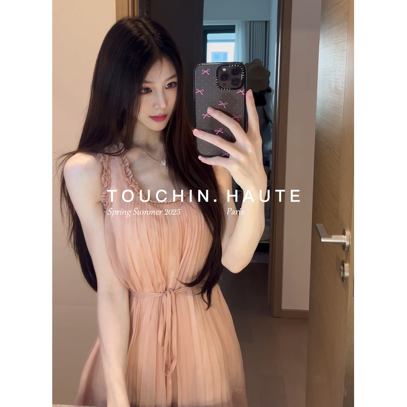Touchin Haute Beauty Goddess Arrives Positioning Pleated Textured Draped Rayon U-Neck Tank Dress for Women