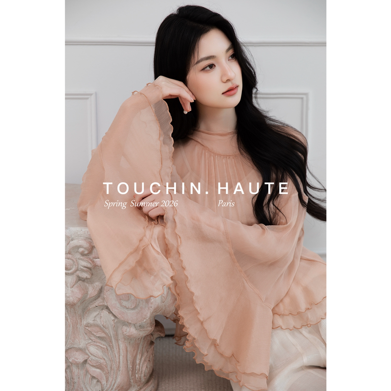 Touchin Haute Fairy-Like Charm, Material Consumption 3m Heavy-Duty Mulberry Silk, Slightly Sheer Ruffled Edge Blouse for Women Touchin Haute Fairy-Like Charm, Material Consumption 3m Heavy-Duty Mulberry Silk, Slightly Sheer Ruffled Edge Blouse for Women