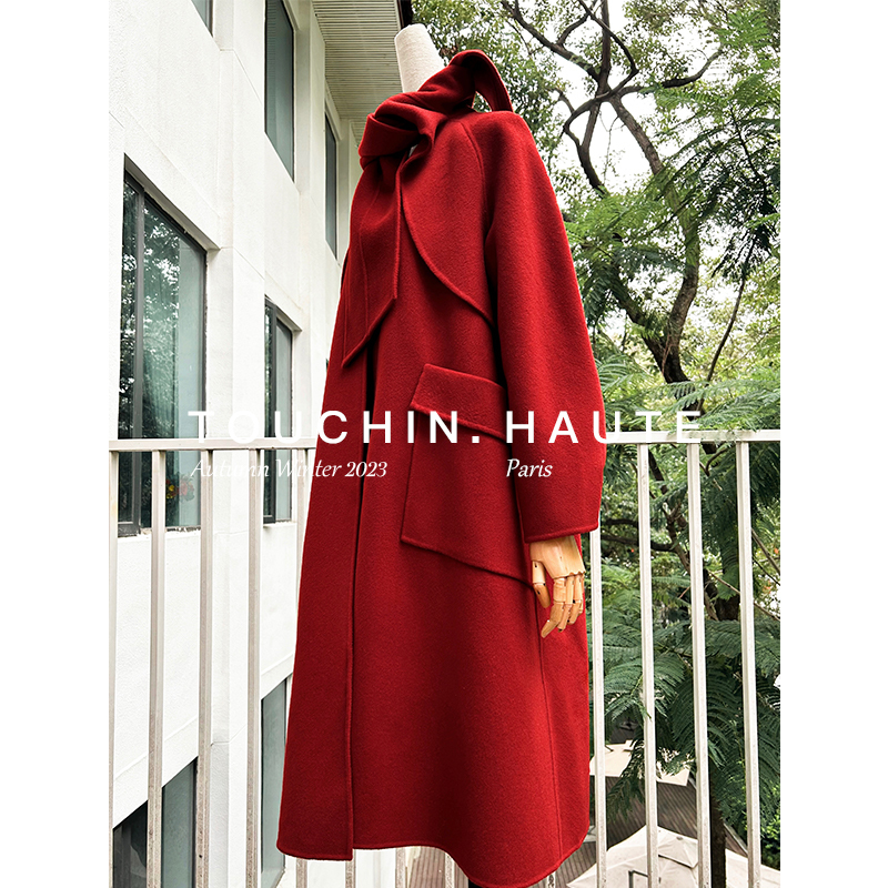 Touchin Haute【Illustration Girl】High-End Red Vintage Cape Bridal Double-Sided Wool Cashmere Coat