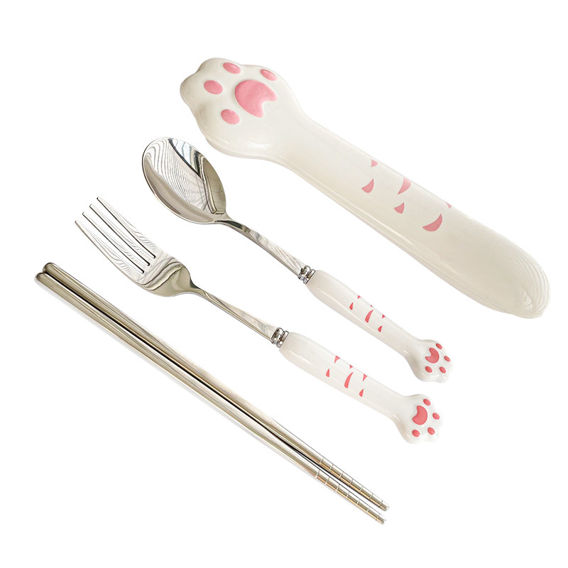 Stainless Steel Spoon and Fork Set with Long Handle, Cartoon Cute Tableware, Home Creative Student and Children's Eating Spoon