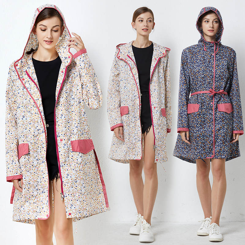 Raincoat for Adults, Printed Trench Coat for Women, Korean and Japanese Fashion, Thin Belt, Lightweight, Outdoor Travel, Work, Portable Jacket, Poncho