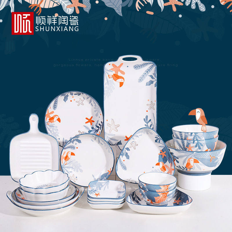 Shunxiang ceramic forest flower private banquet underglaze color net red tableware illustration creative personality Japanese household rice bowl plate dish