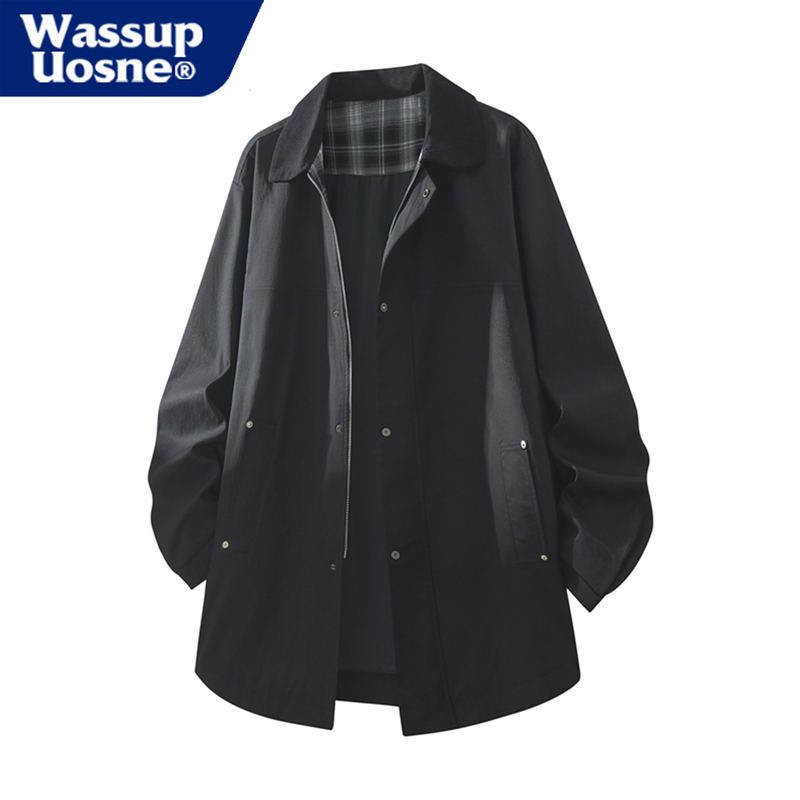 Wassup Uosne Retro Patchwork Plaid Trench Coat Men's Mid-Length Spring & Fall Large Size Loose Casual Lapel Jacket