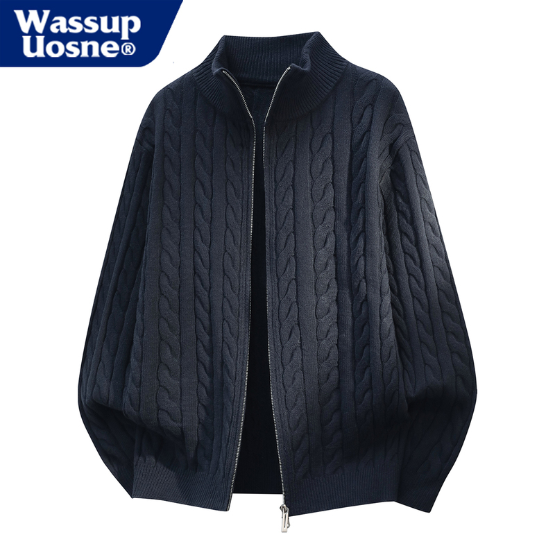 Wassup Uosne High-End Style Stand-Up Collar Cable Knit Cardigan Men's Warm Commuter Zip-Up Sweater Jacket