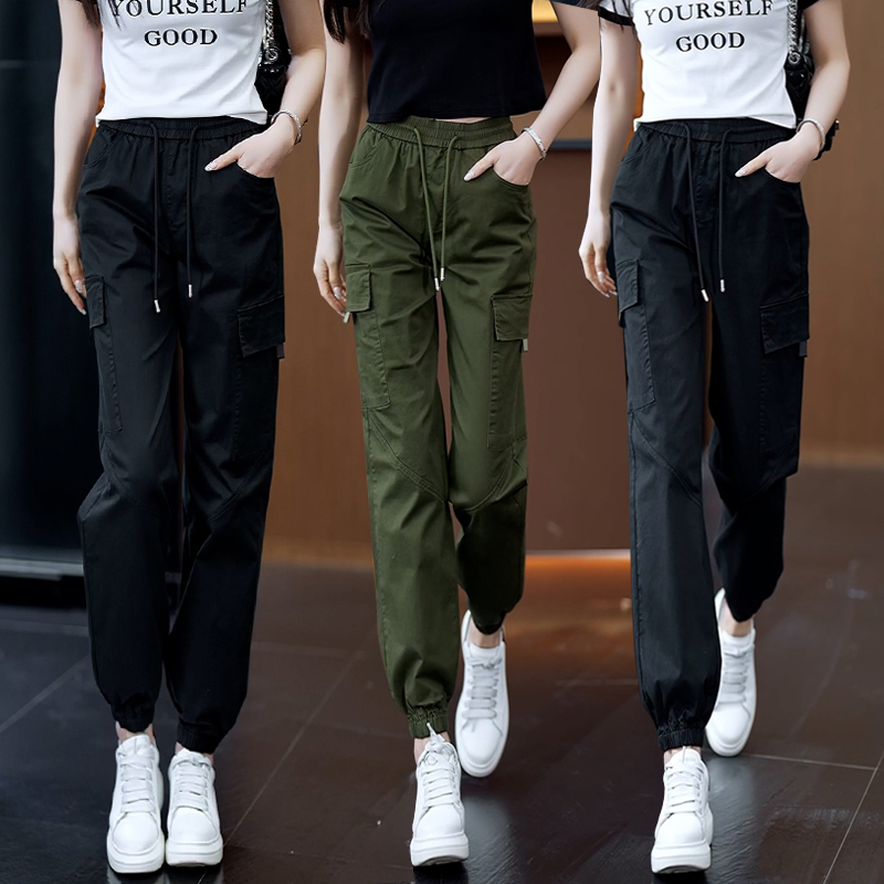 High-Waisted Slimming Cargo Wide-Leg Pants for Women, Loose-Fitting Jogger Casual Sports Harem Pants, Spring and Autumn Straight-Leg Elastic Waist Long Pants