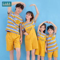 Parent-child suit 2021 New Tide three mouth four short sleeve stripe T-shirt suspenders set beach photo summer