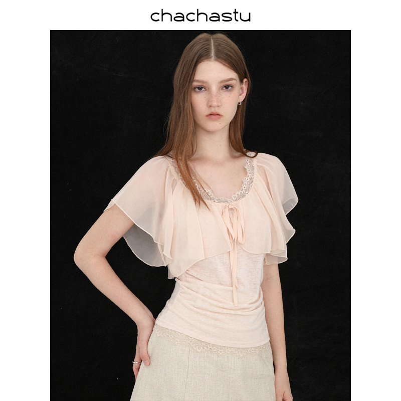 Chachastu French-Style Pure and Alluring Two-Piece Lace Trim Short-Sleeve Top Cht535 Chachastu French-Style Pure and Alluring Two-Piece Lace Trim Short-Sleeve Top Cht535