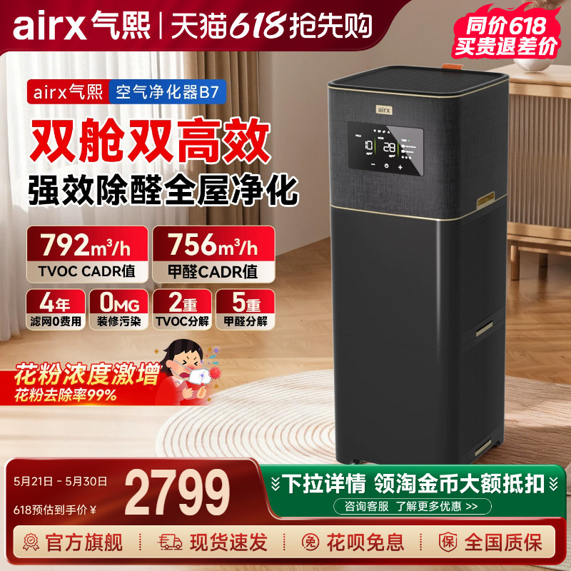 Airx Air Purifier 0 Ozone Fully Automatic New House Formaldehyde Removal Tvoc Smoke Odor Cat Hair Black Gold B7