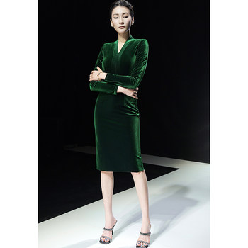 2026 spring commuting fashion temperament v-neck stitching slim fit gold velvet long sleeve hip cover women's dress